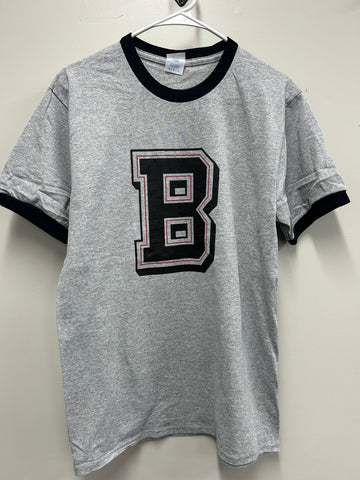Gray t-shirt with a bold black "B" logo on a light gray background